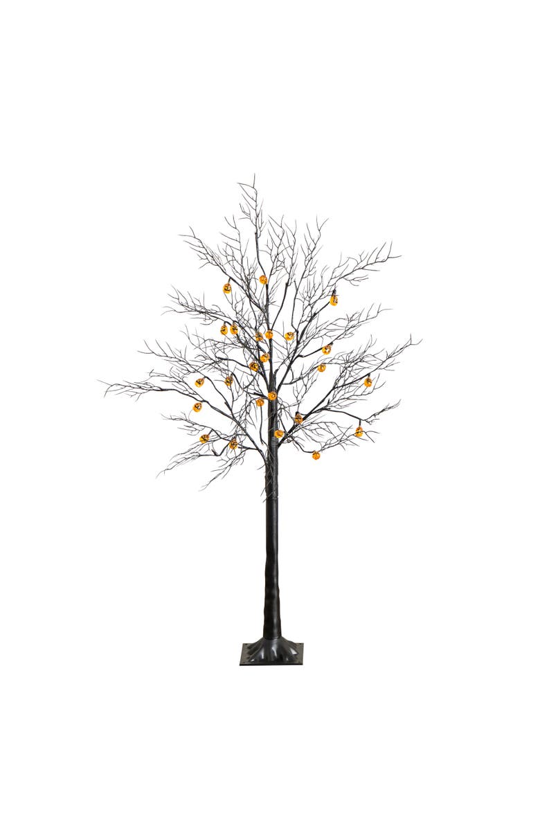 NEARLY NATURAL 4-ft Pre-Lit Artificial Halloween Black Twig Tree with 24 Orange LED Pumpkin Shaped Lights, Main, color, Black