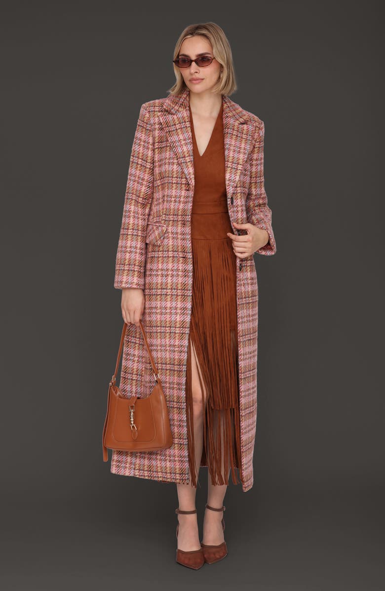 Avec Les Filles Cutaway Bouclé Long Coat, Alternate, color, Berry Plaid