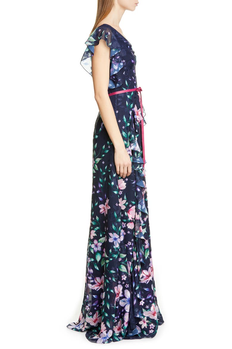 Floral Jacquard Chiffon Gown, Alternate, color, NAVY
