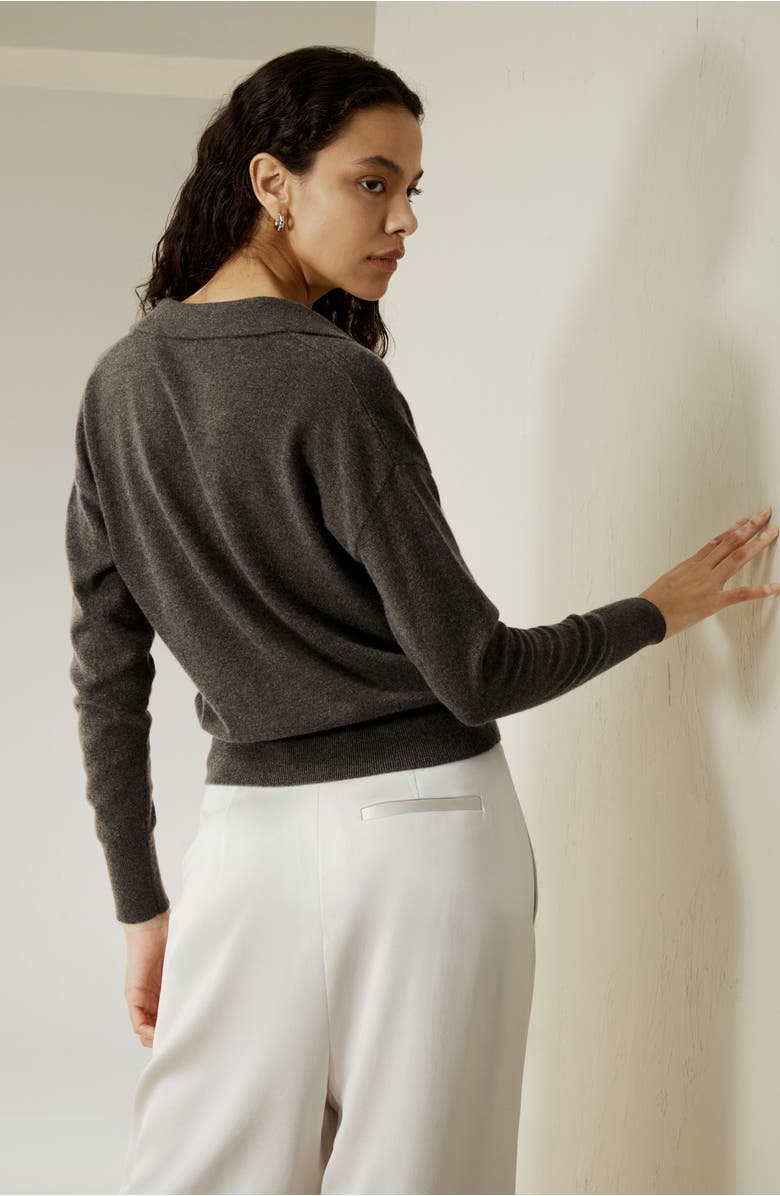 Lilysilk Women's V Neck Cashmere Polo Sweater, Alternate, color, Brown