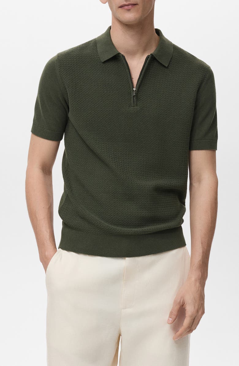 MANGO Openwork Knit Quarter Zip Polo, Main, color, Khaki Green