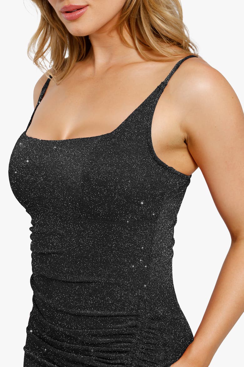 Shapewear Metallic Knit Bodycon Sculpting Midi Slip Dress, Alternate, color, Sparkly Black