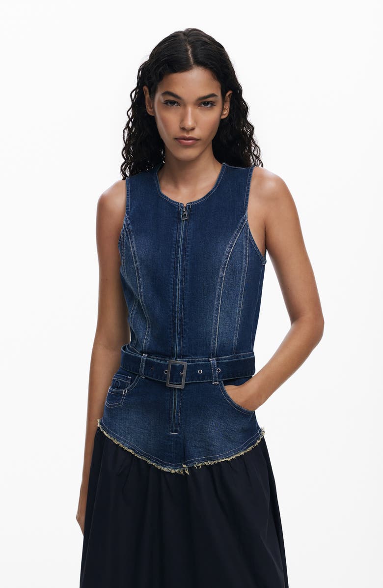 Desigual Sleeveless Mixed Media Midi Dress, Alternate, color, Medium Blue