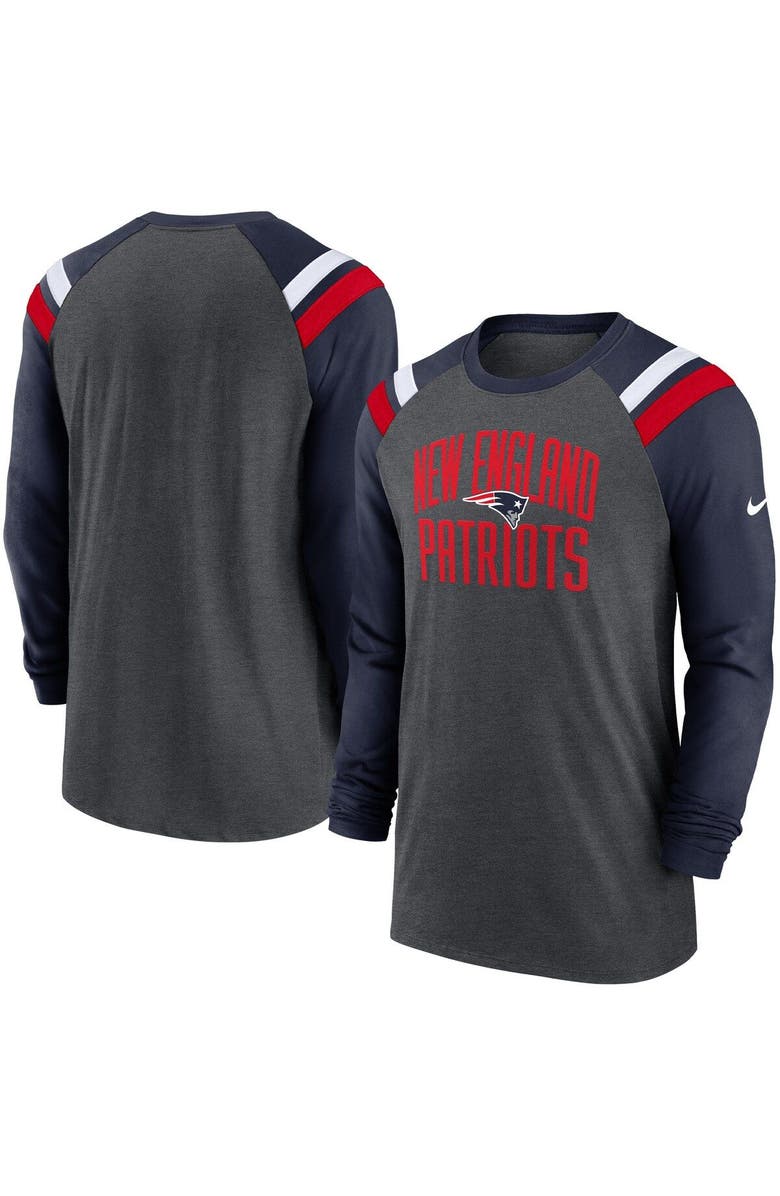 Nike Men's Nike Heathered Charcoal/Navy New England Patriots Tri-Blend Raglan Athletic Long Sleeve Fashion T-Shirt, Main, color,