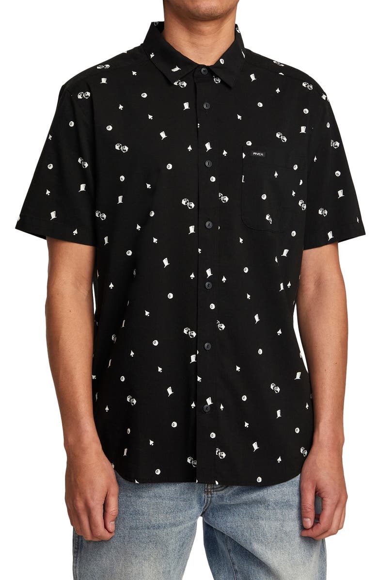 RVCA Degenerate Short Sleeve Button-Up Shirt, Main, color, 