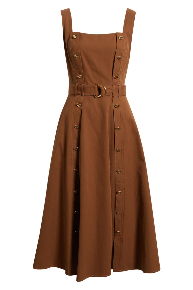 Belted Fit & Flare Cotton Midi Dress, Alternate, color, BROWN