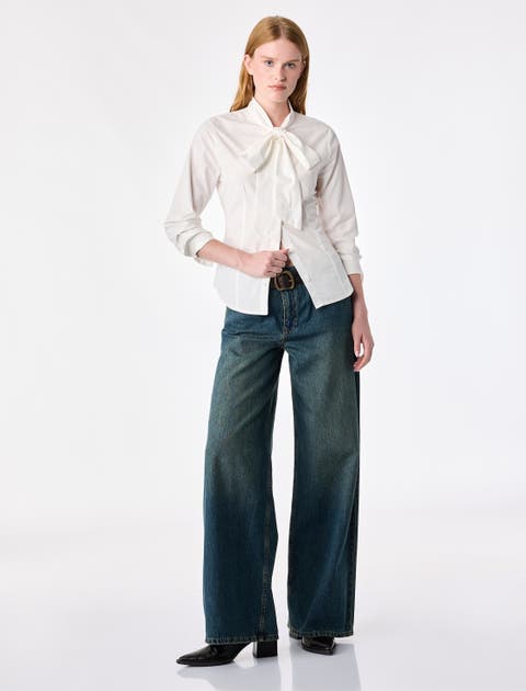 Regular Fit Cotton Long Sleeve Scarf Neck Poplin Shirt