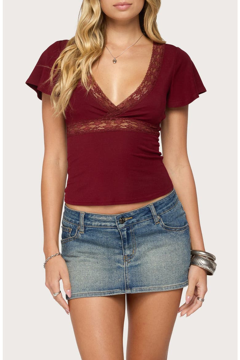 Yvetta Lacy Flutter Sleeve Top, Main, color, BURGUNDY
