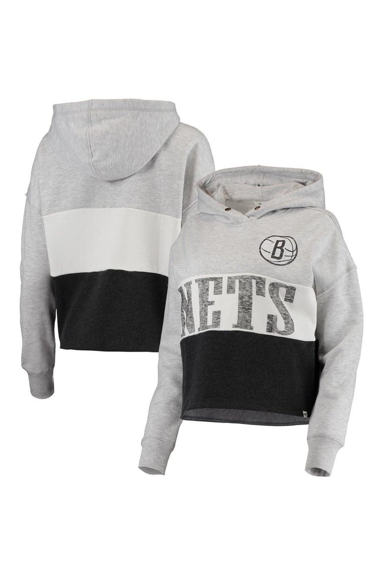 Women's '47 Heathered Gray/Heathered Black Brooklyn Nets Lizzy Cutoff Pullover Hoodie, Main, color, Gray