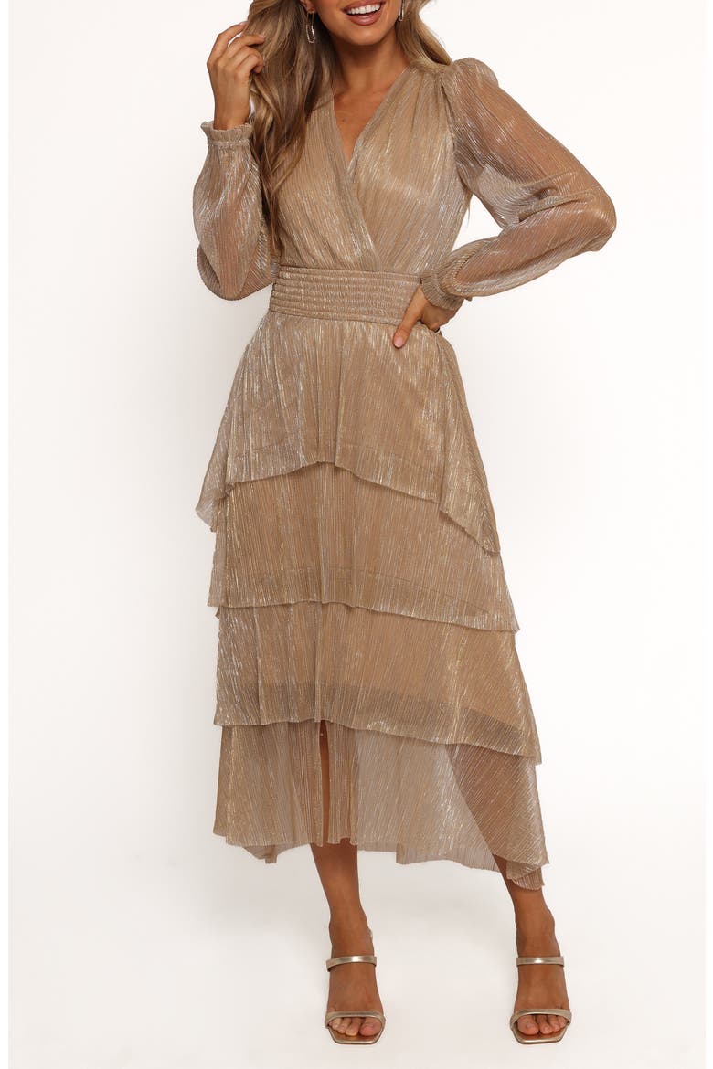 Cybil Metallic Long Sleeve Tiered Midi Dress, Main, color, CHAMPAGNE GOLD