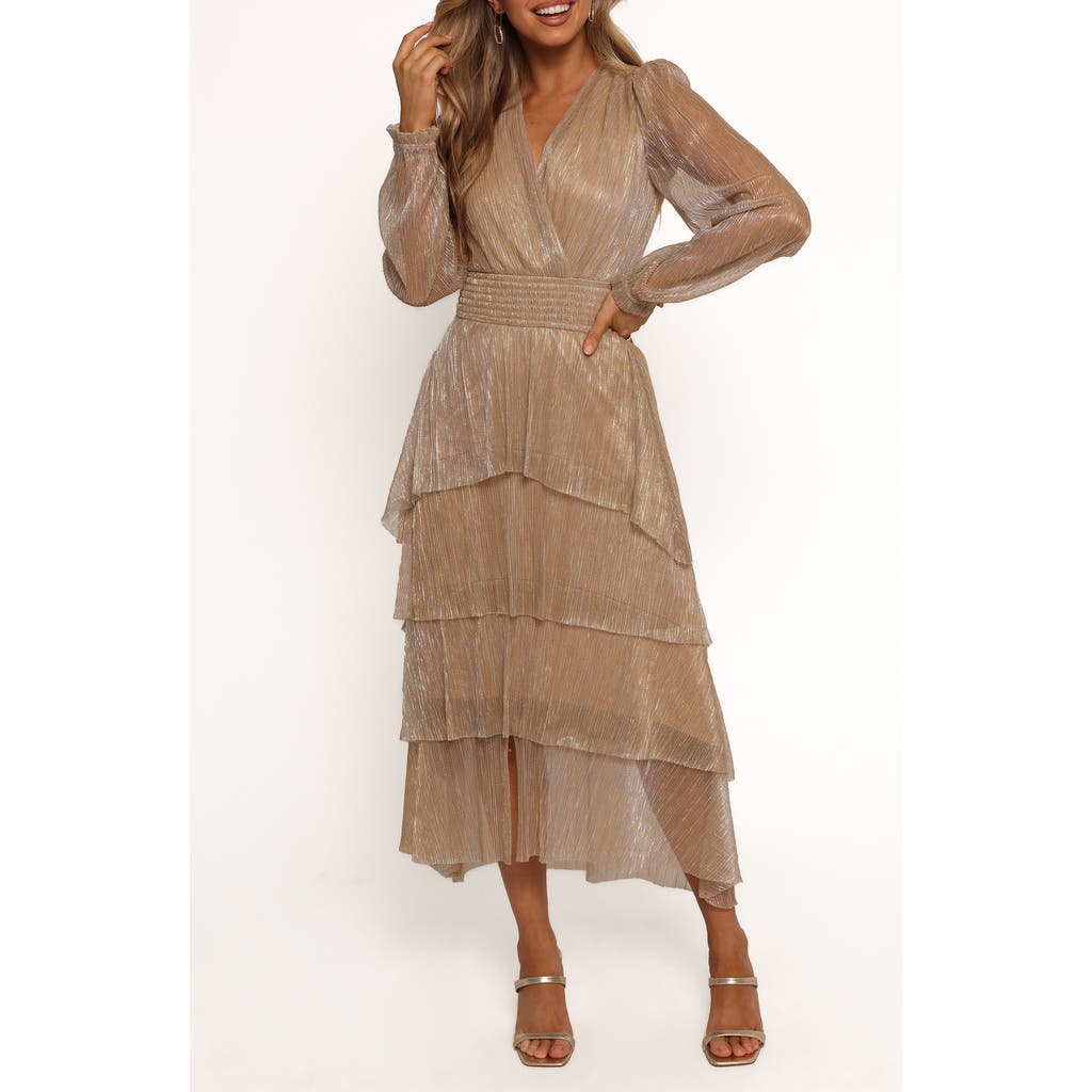 Petal And Pup Petal & Pup Cybil Metallic Long Sleeve Tiered Midi Dress In Brown