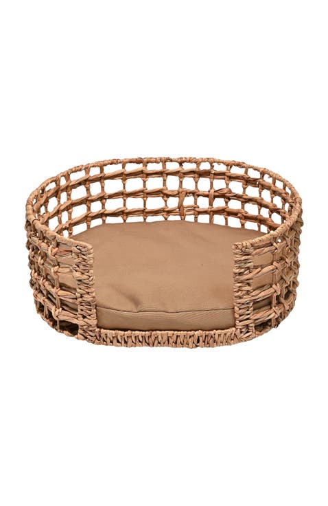Gigi 24" x 18" Modern Handwoven Hyacinth Open-Weave Oval Pet Bed, Machine-Washable Cushion