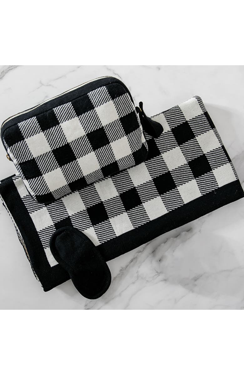 Pink Lemonade Plaid Organic Cotton Travel Blanket and Eye Mask Set, Main, color, Black