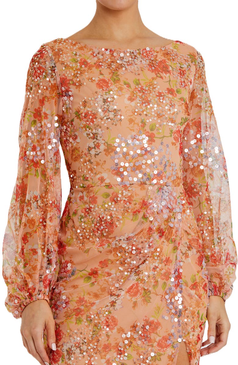 Mac Duggal Floral Print Sequined Puff Sleeve Gown, Alternate, color, Apricot