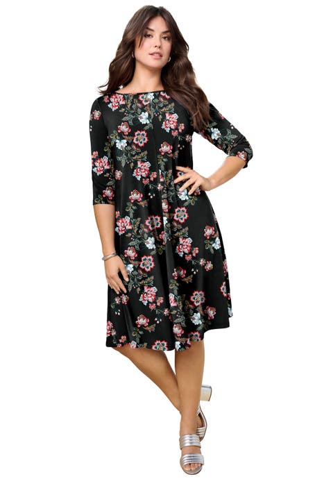 Plus Size 3/4 Sleeve Boatneck Swing Dress