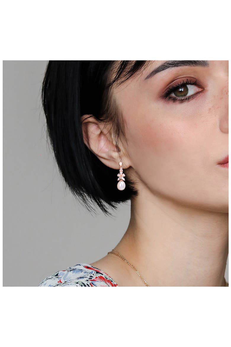 18K Rose Gold Plated Morganite, White Topaz, Aquamarine & 8.5–9mm Cultured Pearl Drop Earrings, Alternate, color, PINK