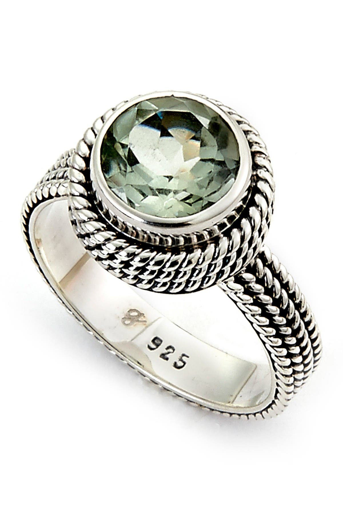 SAMUEL B. Sterling Silver Bezel Set Round Cut Prasiolite Beaded Trim Ring