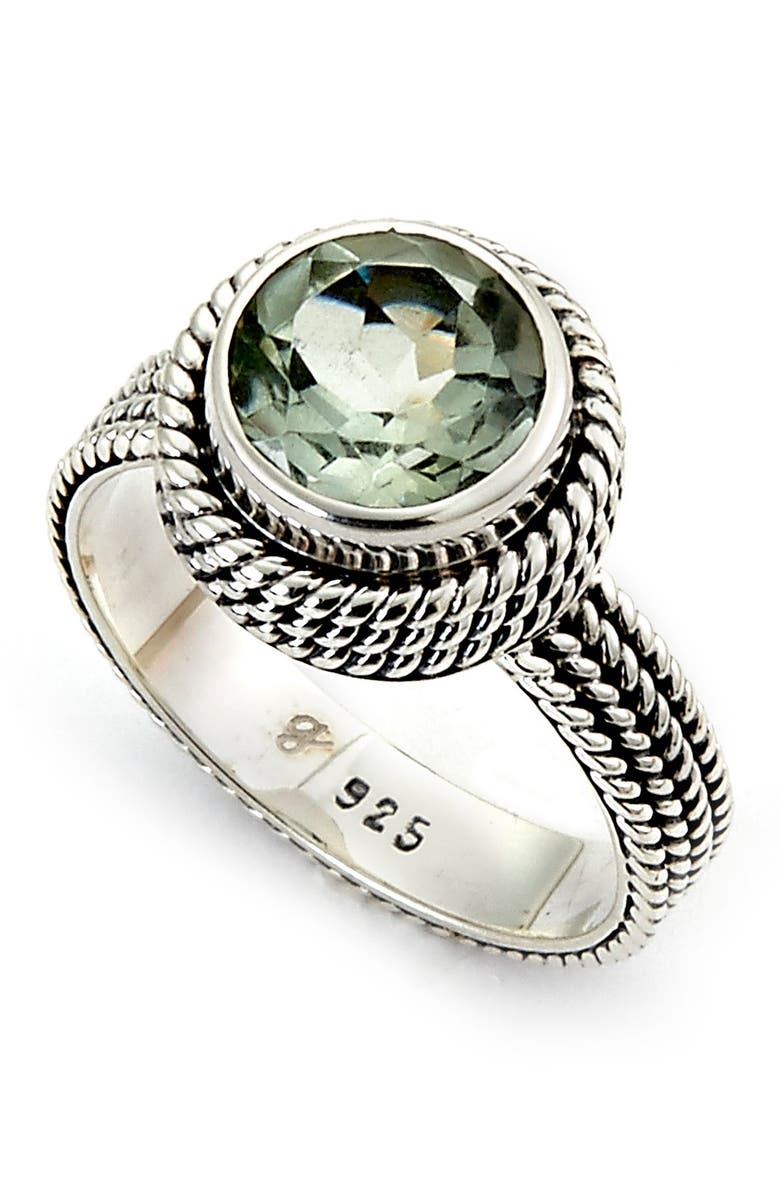 SAMUEL B. Sterling Silver Bezel Set Round Cut Prasiolite Beaded Trim Ring, Main, color, 