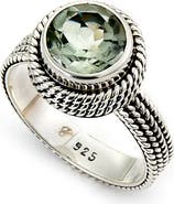 SAMUEL B. Sterling Silver Bezel Set Round Cut Prasiolite Beaded Trim Ring