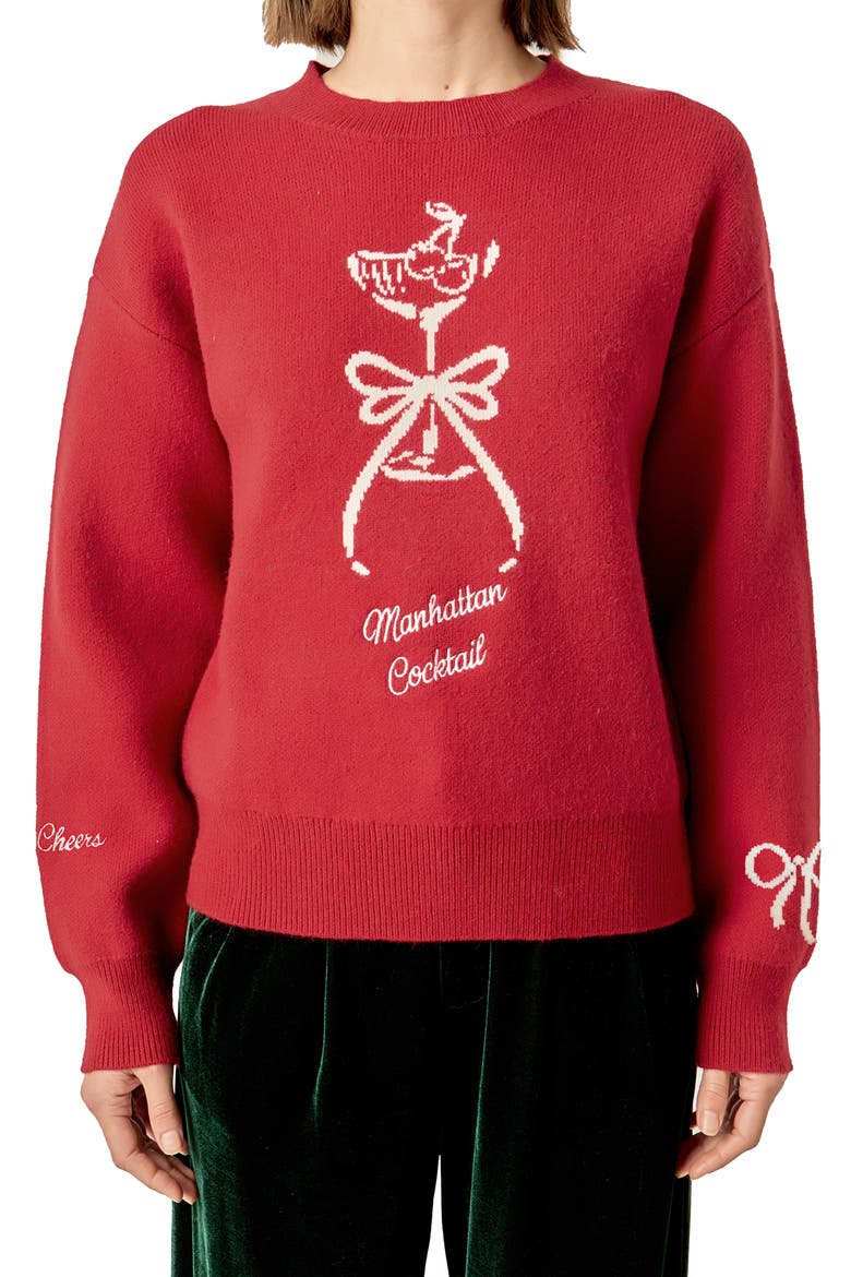 Manhattan Cocktail Sweater, Alternate, color, DARK RED/ WHITE