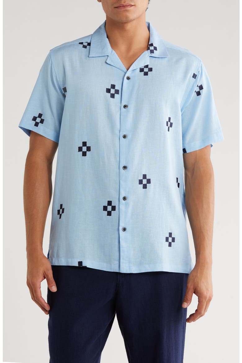 Geometric Embroidered Camp Shirt, Main, color, BREEZE BLUE