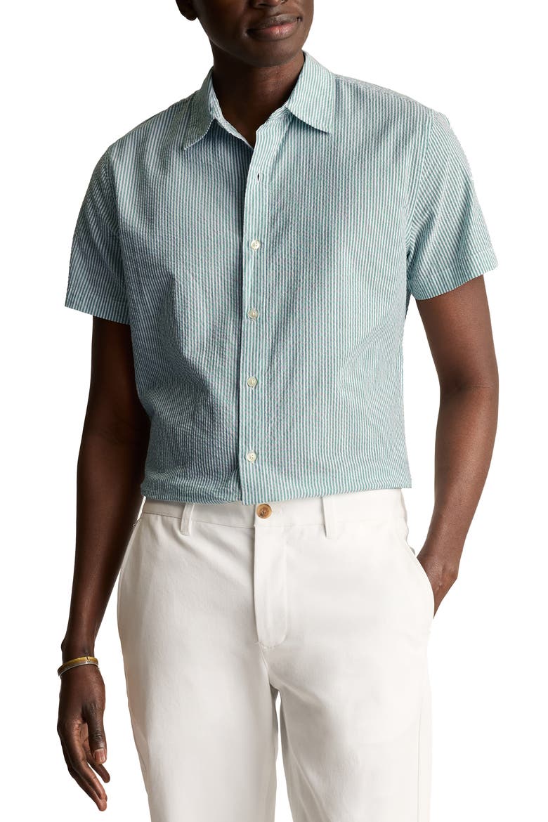 Riviera Slim Fit Dot Short Sleeve Button-Up Shirt, Main, color, CHELSEA STRIPE GREEN
