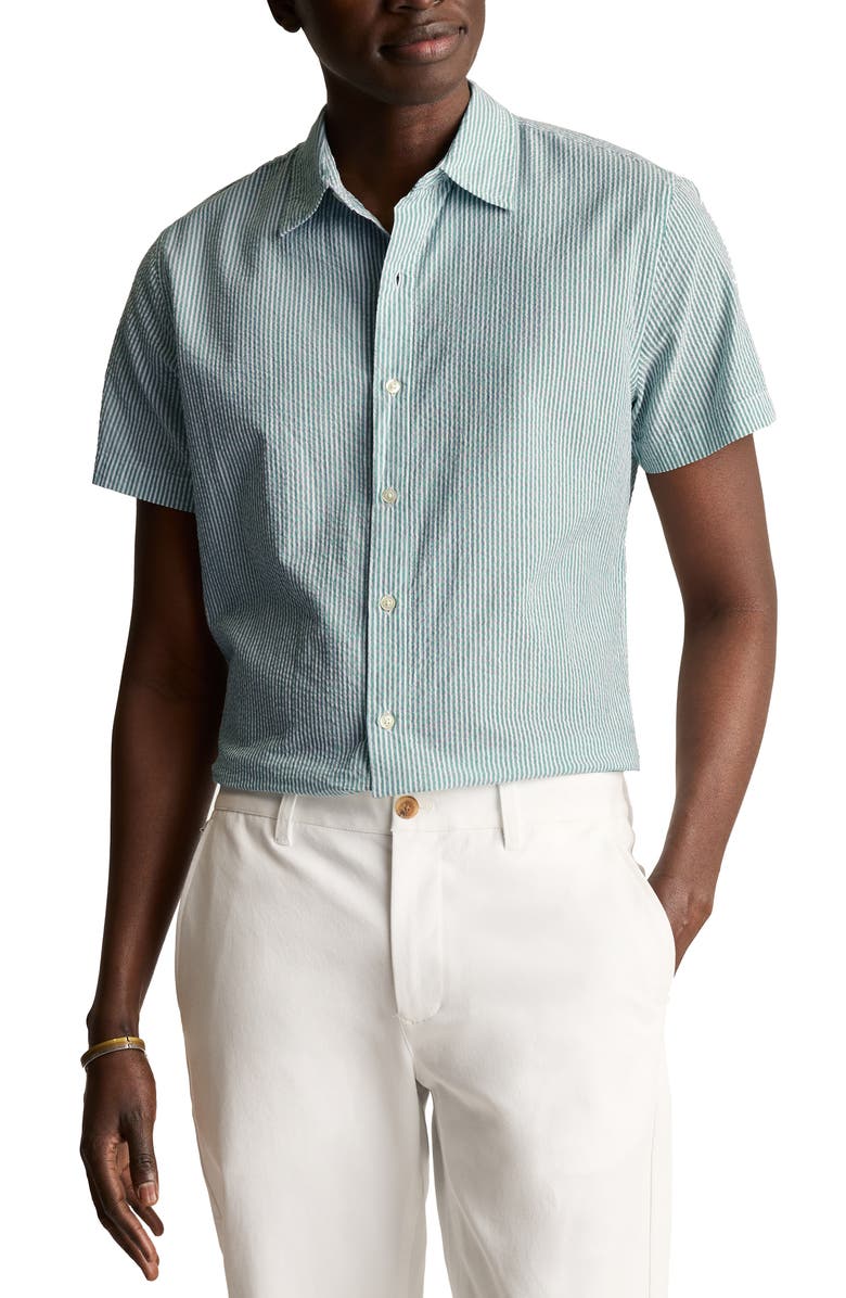 Bonobos Riviera Slim Fit Stripe Short Sleeve Cotton Seersucker Button-Up Shirt, Main, color, Chelsea Stripe Green