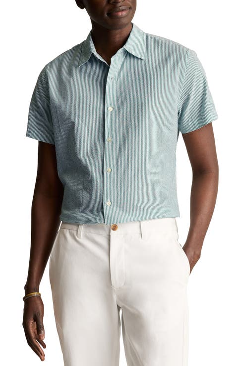 Riviera Slim Fit Stripe Short Sleeve Cotton Seersucker Button-Up Shirt