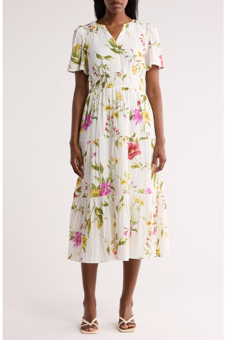 Floral Short Sleeve Tiered Midi Dress, Main, color, IVORY MULTI