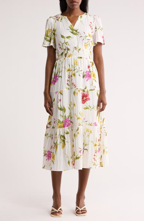 Floral Short Sleeve Tiered Midi Dress