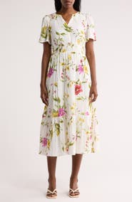 AUGUST SKY Floral Short Sleeve Tiered Midi Dress