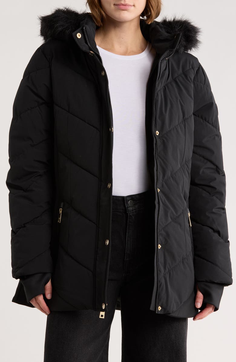 Michael Kors Faux Fur Trim Hooded Quilted Jacket, Alternate, color, Black