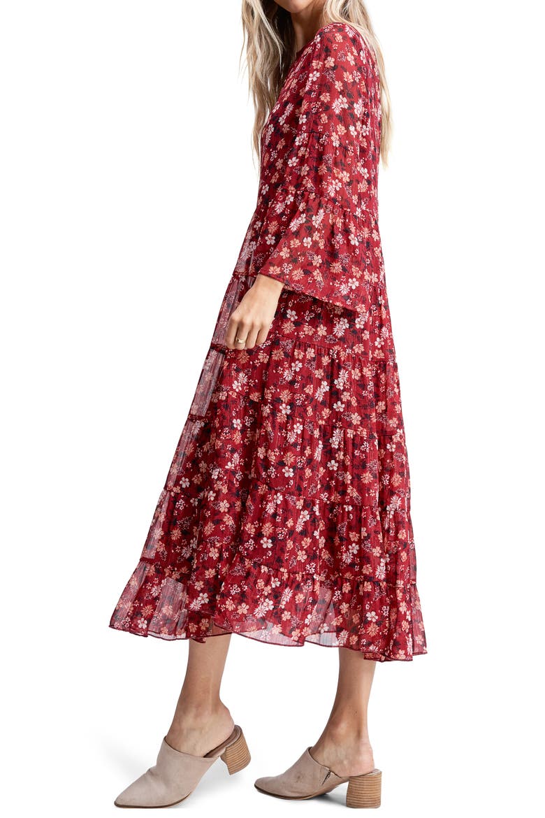 Floral Tiered Midi Dress, Alternate, color, RED