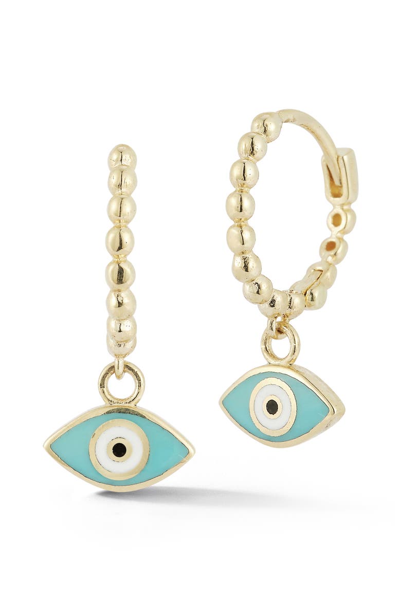 14K Gold Eye Huggie Hoop Earrings, Main, color, GOLD/ AQUA