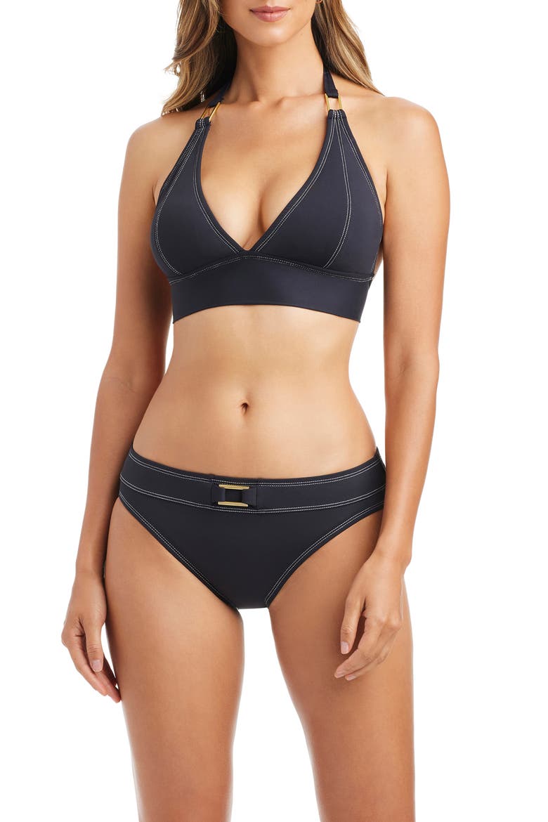 Contrast Stitch Halter Bikini Top, Alternate, color, BLACK