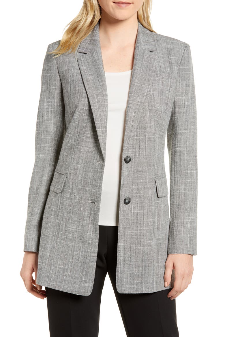 Long Herringbone Blazer, Main, color, BLACK- IVORY SLUB PATTERN