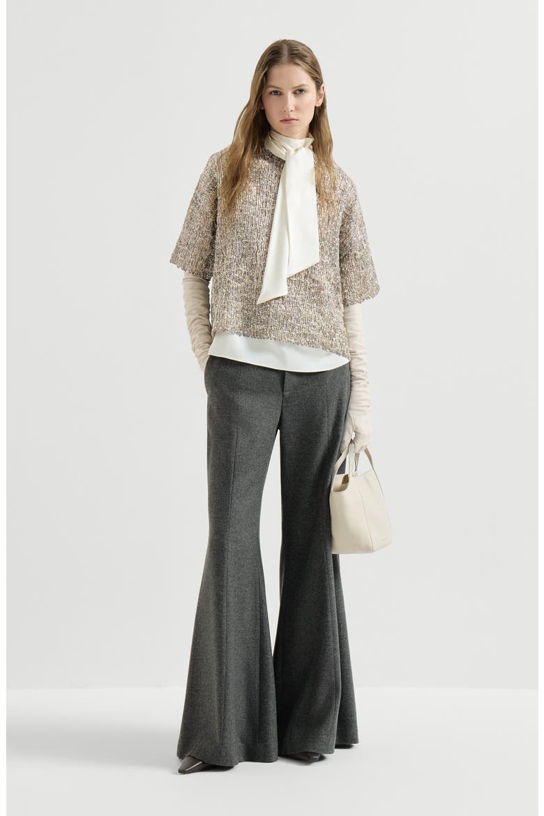 Virgin wool and cashmere twill flannel wide flare trousers with monili, Alternate, color, Dark Grey
