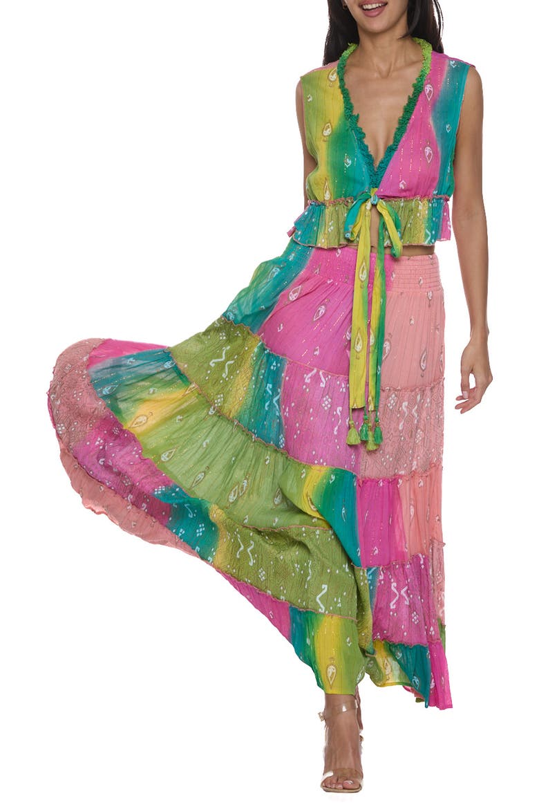 Fringe Trim Metallic Crop Top & Maxi Skirt Set, Main, color, PINK