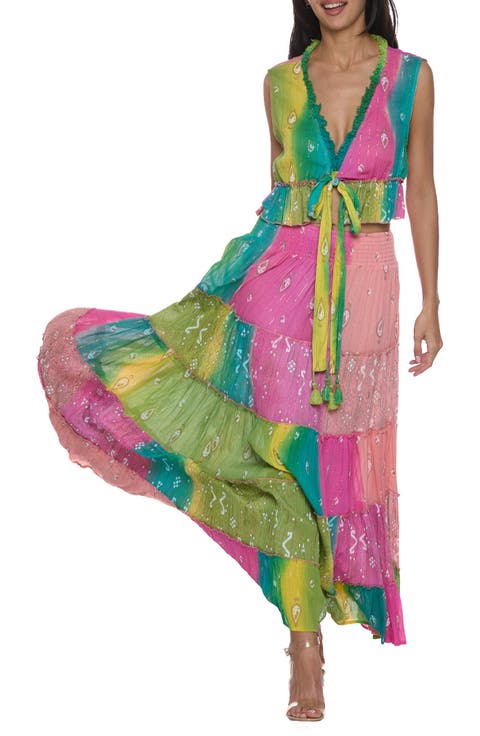 Fringe Trim Metallic Crop Top & Maxi Skirt Set