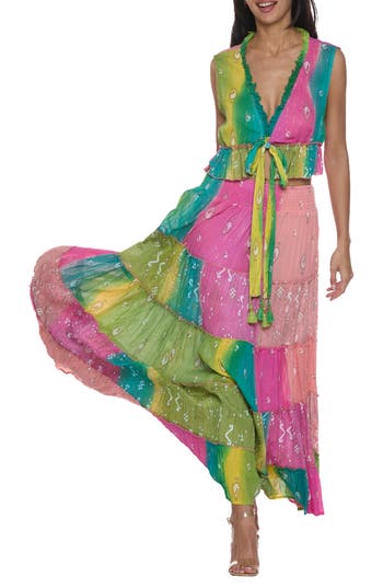 Ranee's Ranees Fringe Trim Metallic Crop Top & Maxi Skirt Set In Pink