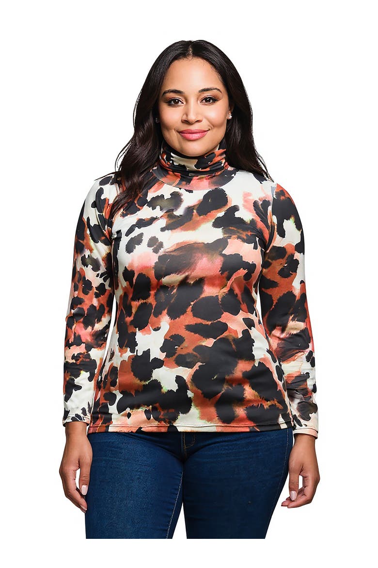 Curvy Essential Long Sleeve Turtleneck Top, Main, color, Brown Multi