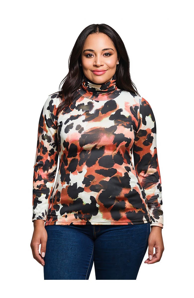24seven Comfort Apparel Curvy Essential Long Sleeve Turtleneck Top, Main, color, Brown Multi
