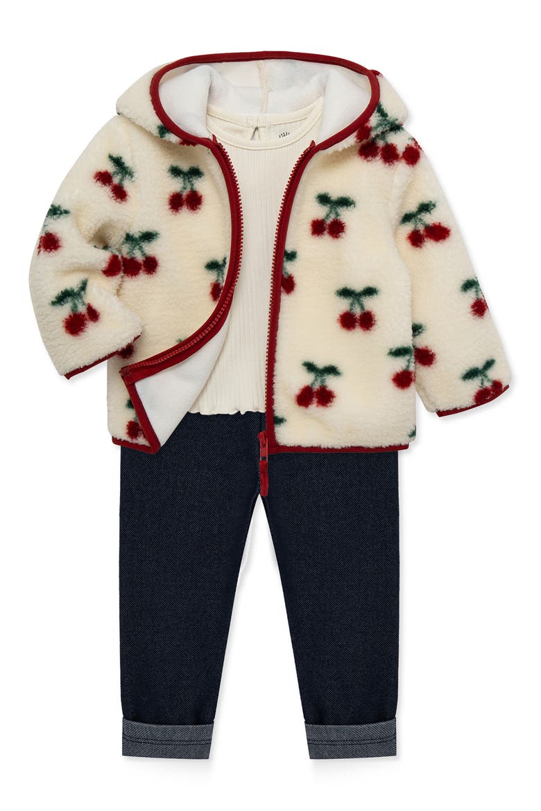 Cherry 3-Piece Rib Top, Knit Pants and Fleece Jacket Set, Alternate, color, OFF WHITE PRINT