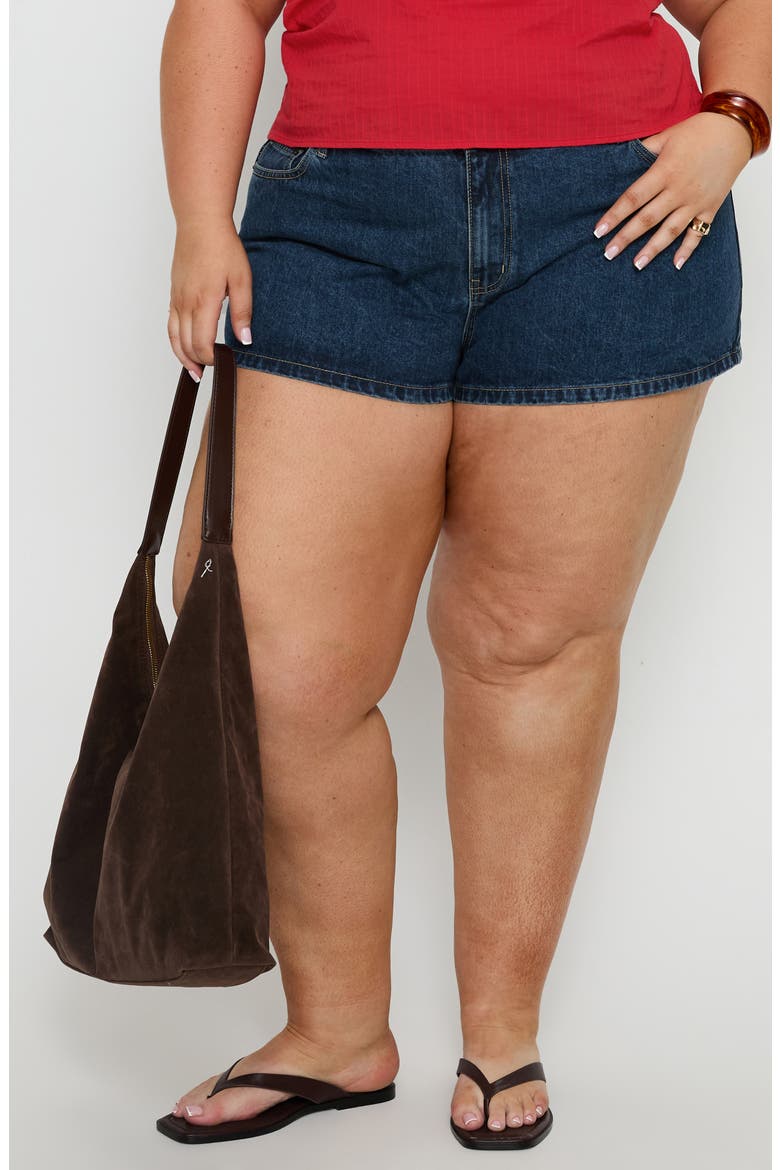 Dreamful Low Rise Mini Denim Shorts, Main, color, DARK BLUE WASH