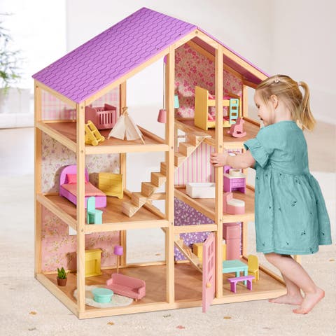 6 Room Wooden Dollhouse Set with 31 Piece Furniture for Kids