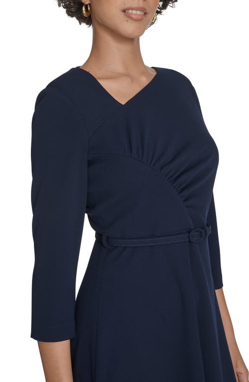 Calvin Klein Asymmetric Neck Belted Fit & Flare Midi Dress In Blue