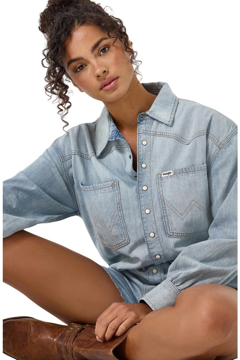 Heritage Long Sleeve Denim Romper, Alternate, color, PALE BLUE WASH