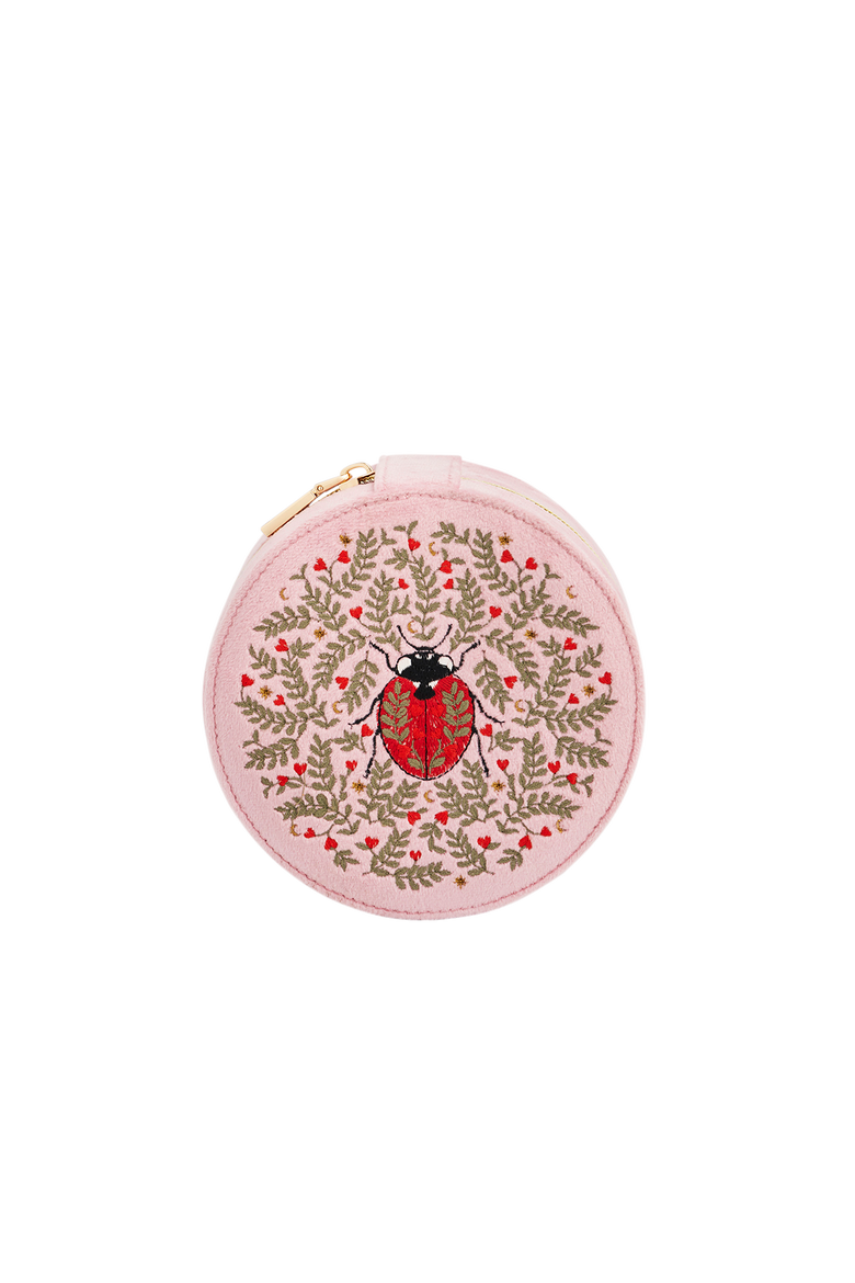 Ladybird Velvet Embroidered Circle Jewellery Box, Main, color, Light/Pastel Pink
