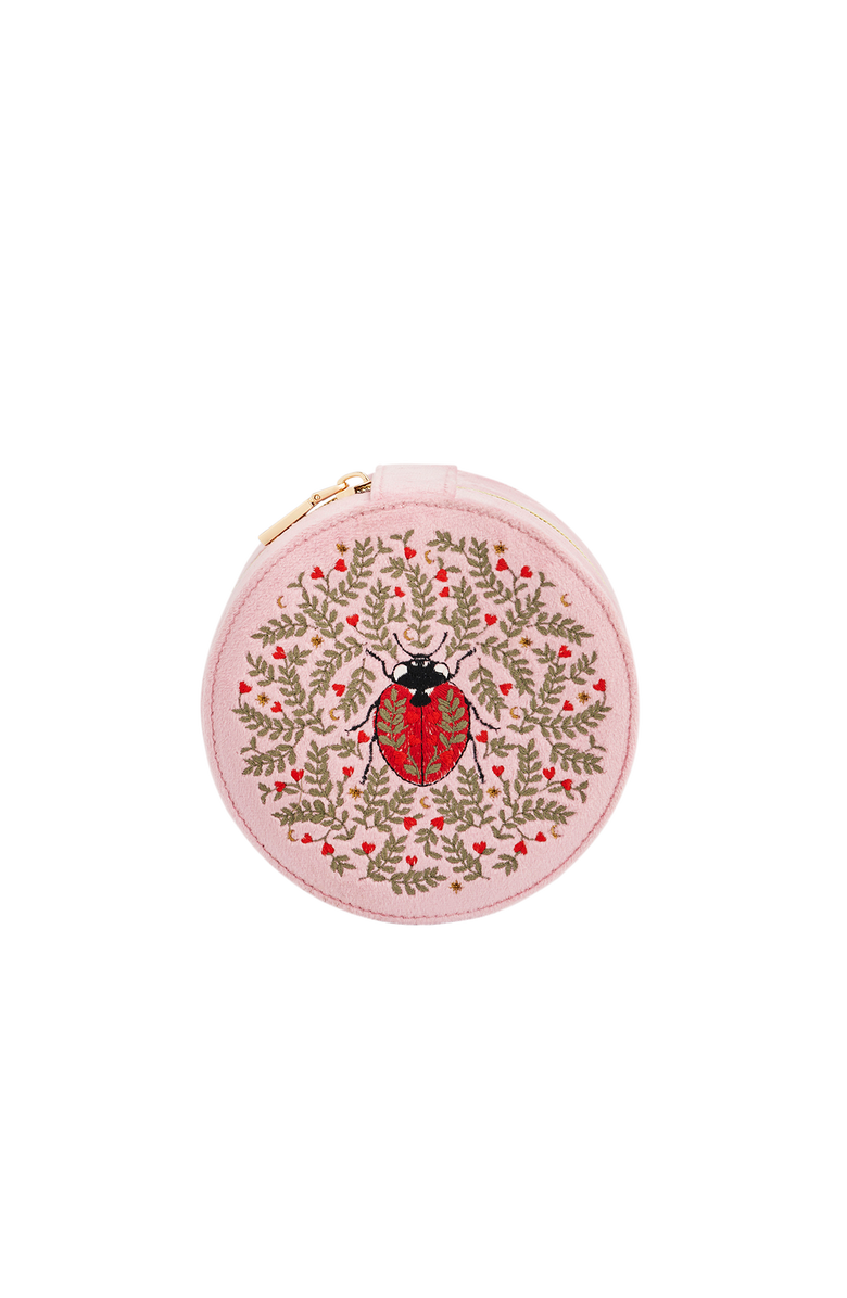 Fable England Ladybird Velvet Embroidered Circle Jewellery Box, Main, color, Light/Pastel Pink