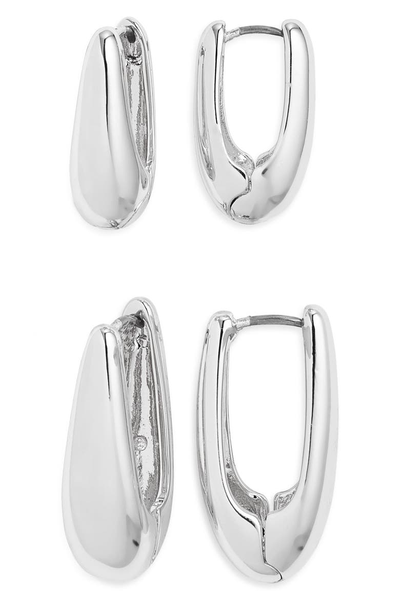 Set of 2 Oval Hoop Earrings, Main, color, SILVER